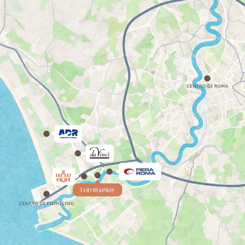 Mappa stilizzata con Lumina Stay, Fiumicino, aeroporto e collegamenti verso Roma